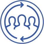 Icon depicting three human figures within a circular arrow, symbolizing collaboration or teamwork with a continuous flow or cycle.