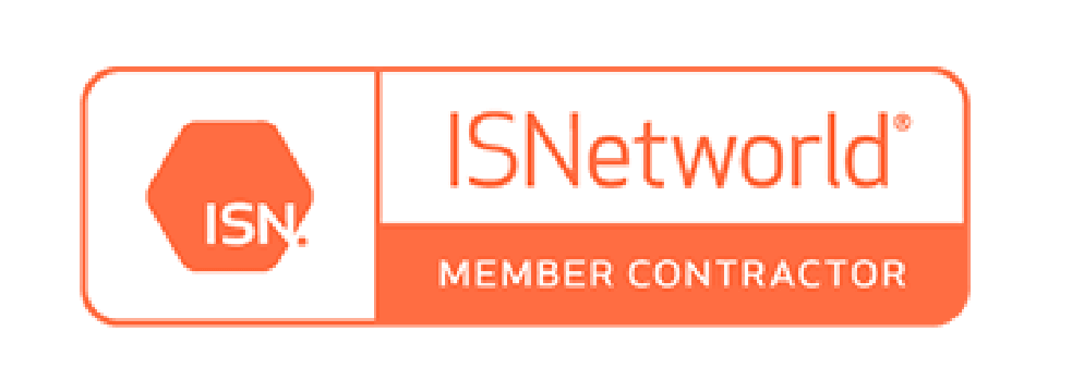 Logo of isnetworld featuring an orange and white design with the text "isn" and "isnetworld" alongside the icon of a hexagon and the words "member contractor" in white on an orange background.