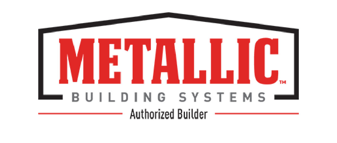 Logo of metallic building systems with the word "metallic" in red, bold letters and "building systems" beneath. includes "authorized builder" text in a smaller font.