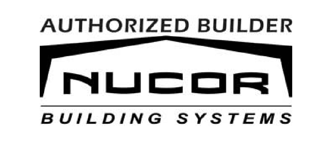 Logo of nucor building systems featuring the text "authorized builder" above an outline of a building with the word "nucor" prominently displayed in the center.