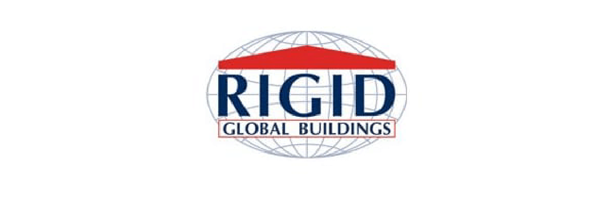 Logo of rigid global buildings featuring blue text, a red rooftop design over the "rigid," and a stylized globe in the background.