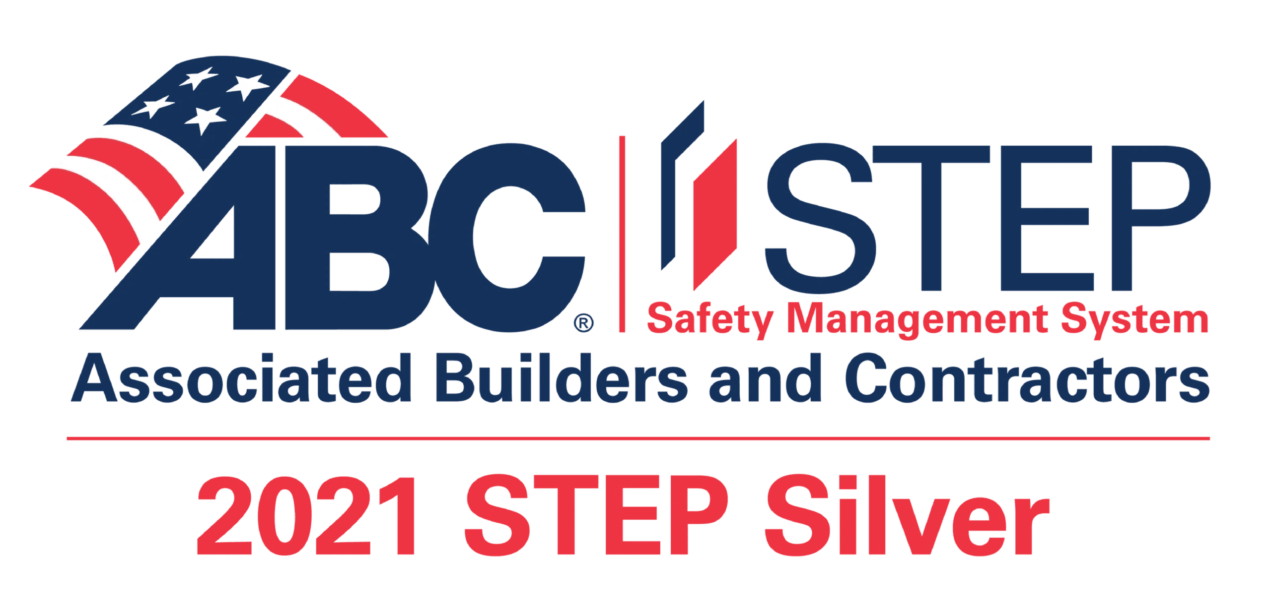 Logo for abc step safety management system showing "associated builders and contractors 2021 step silver" with a patriotic red, white, and blue design, incorporating an american flag motif.