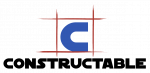 Logo of "constructable" featuring a stylized blue "c" within a red grid, set against a dark green background.